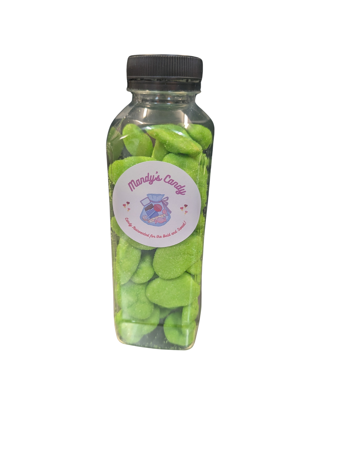Clear bottle filled with green candy and a label on a white background